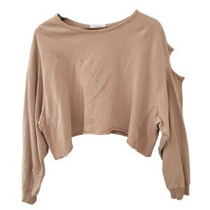 Mustard Seed Cold Shoulder Oversized Cropped Sweatshirt Womens Size M Tan